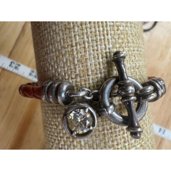 Braided Leather Bracelet With Sterling Silver Toggle Clasp & Crystal Charm - Picture 2 of 9
